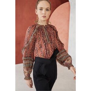 Ulla Johnson Calista Blouse Brick Red silk peasant top shirt boho small med chic
